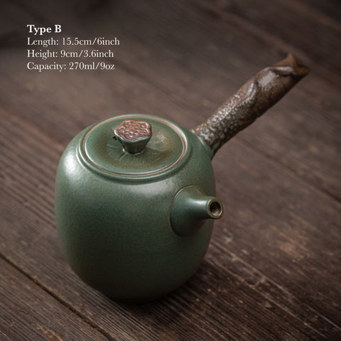 Japanese Style Ceramic Kyusu Teapot in Iron Glaze and Green Color