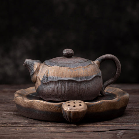 Lotus Shape Gilt Glazed Ceramic Teapot with Tea Tray - theTeaCloud