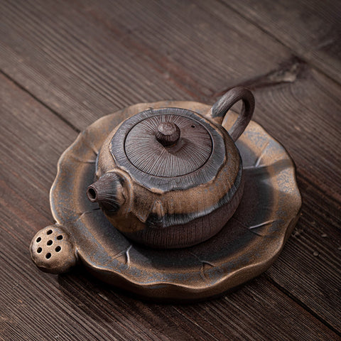 Lotus Shape Gilt Glazed Ceramic Teapot with Tea Tray - theTeaCloud