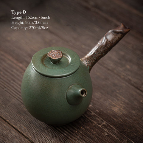 Japanese Style Ceramic Kyusu Teapot in Iron Glaze and Green Color