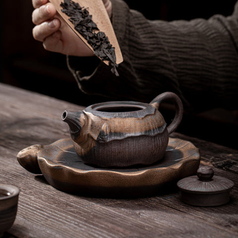 Lotus Shape Gilt Glazed Ceramic Teapot with Tea Tray - theTeaCloud