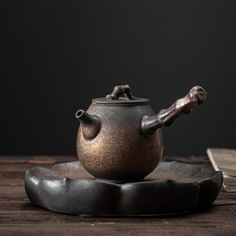 Japanese Style Ceramic Kyusu Teapot in Iron Glaze and Green Color