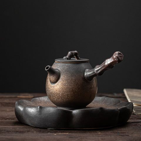 Japanese Style Ceramic Kyusu Teapot in Iron Glaze and Green Color - theTeaCloud