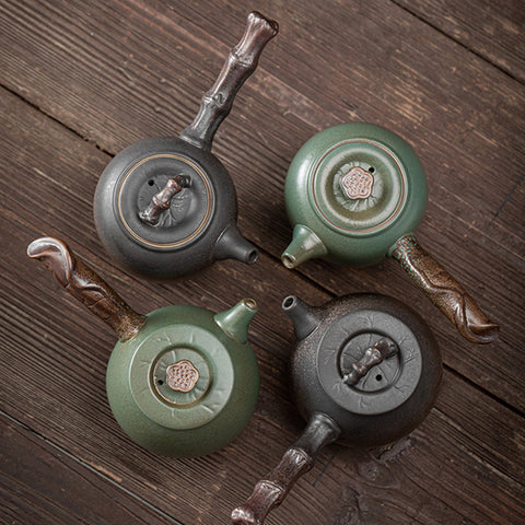 Japanese Style Ceramic Kyusu Teapot in Iron Glaze and Green Color