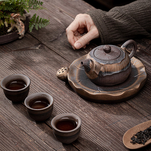 Lotus Shape Gilt Glazed Ceramic Teapot with Tea Tray - theTeaCloud