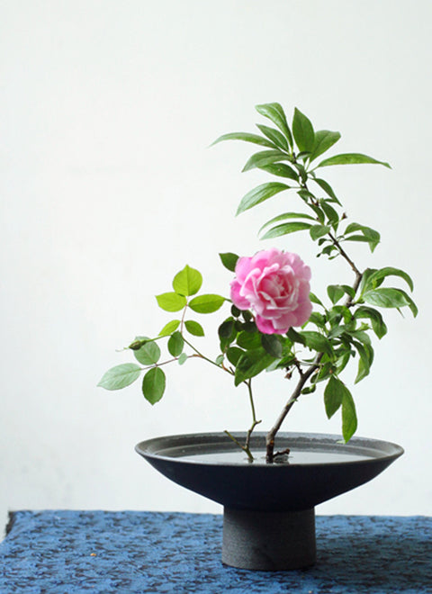 Handmade Black Ceramic Ikebana Flower Arranger/Ikebana Vase, Kenzan Included