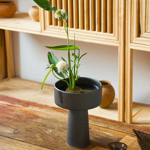 Handmade High Stem Ceramic Ikebana Vase/ Snack Plate in Matte Black, Kenzan Flower Frog Included