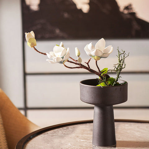 Handmade High Stem Ceramic Ikebana Vase/ Snack Plate in Matte Black, Kenzan Flower Frog Included