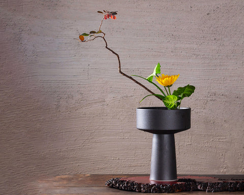 Handmade High Stem Ceramic Ikebana Vase/ Snack Plate in Matte Black, Kenzan Flower Frog Included