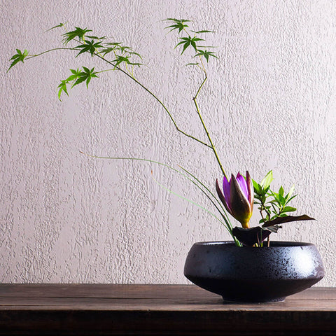 Handmade Ink Speckled Black Ceramic Ikebana Bowl Vase/Japanese Flower Arrangement/Kenzan Flower Frog Included
