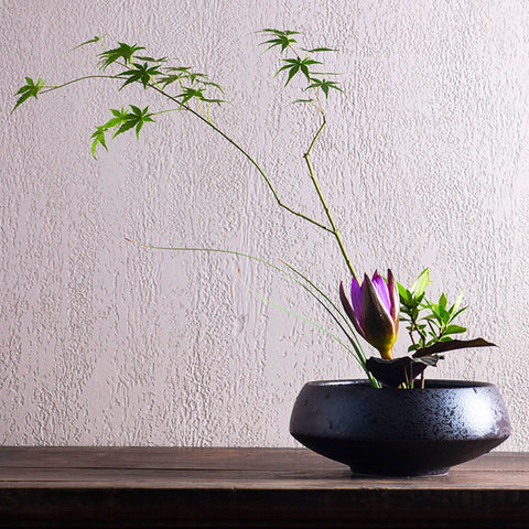 Handmade Ink Speckled Black Ceramic Ikebana Bowl Vase/Japanese Flower Arrangement/Kenzan Flower Frog Included - theTeaCloud