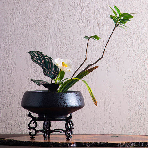 Handmade Ink Speckled Black Ceramic Ikebana Bowl Vase/Japanese Flower Arrangement/Kenzan Flower Frog Included - theTeaCloud