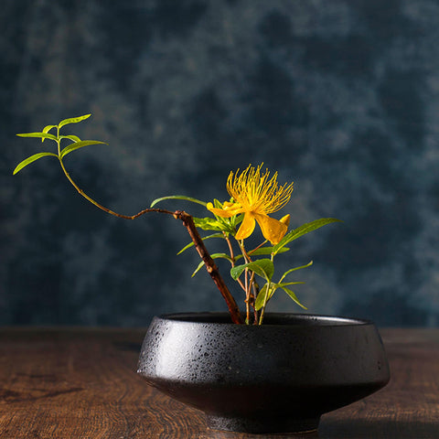 Handmade Ink Speckled Black Ceramic Ikebana Bowl Vase/Japanese Flower Arrangement/Kenzan Flower Frog Included - theTeaCloud