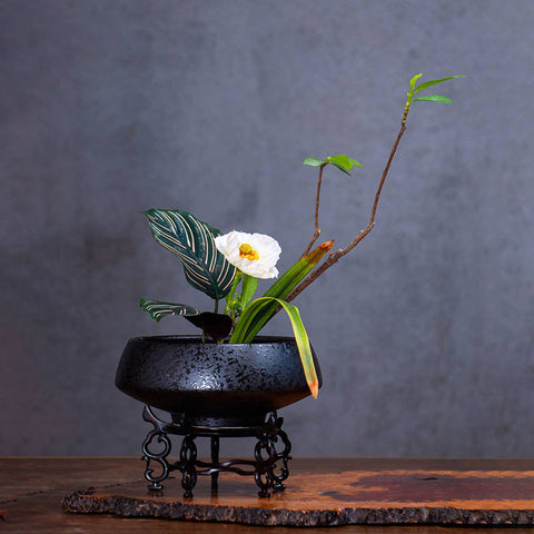 Handmade Ink Speckled Black Ceramic Ikebana Bowl Vase/Japanese Flower Arrangement/Kenzan Flower Frog Included - theTeaCloud