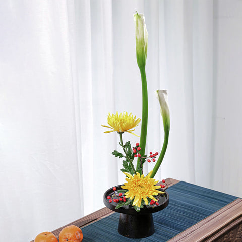 Ceramic Ikebana Vase/Ink Pattern Traditional Japanese Flower Arrangement/Snack Plate/Kenzan Flower Frog Included - theTeaCloud