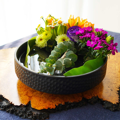 Handmade Ikebana Vase in Hammered Pattern, White and Black Color