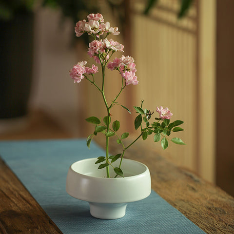 Handmade Ceramic Ikebana Vase/ Snack Plate in White and Matte Black/Kenzan Flower Frog Included - theTeaCloud