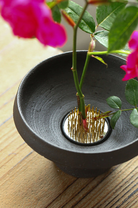 Handmade Ceramic Ikebana Vase in White and Black, Textured Surface Style, Kenzan Flower Frog Included