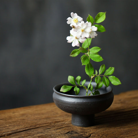 Handmade Ceramic Ikebana Vase/ Snack Plate in White and Black/Kenzan Flower Frog Included - theTeaCloud