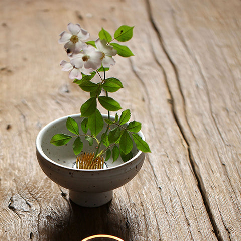 Handmade Ceramic Ikebana Vase/ Snack Plate in White and Black/Kenzan Flower Frog Included - theTeaCloud