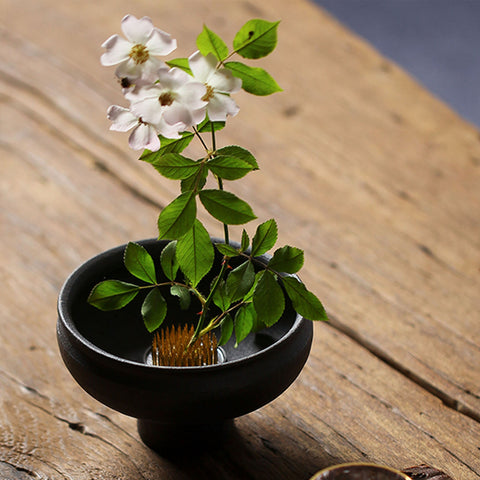 Handmade Ceramic Ikebana Vase/ Snack Plate in White and Black/Kenzan Flower Frog Included - theTeaCloud