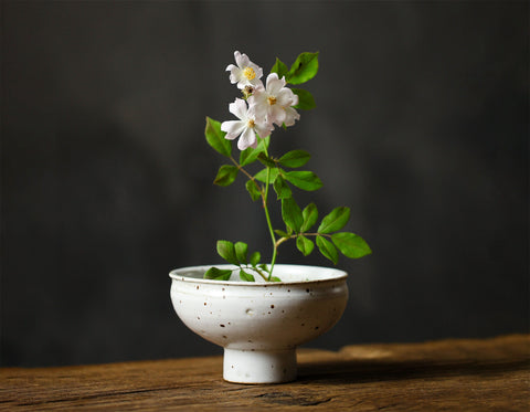 Handmade Ceramic Ikebana Vase/ Snack Plate in White and Black/Kenzan Flower Frog Included - theTeaCloud
