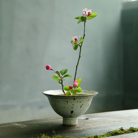 Handmade Ceramic Ikebana Vase in Speckled White and Dark Grey, Kenzan Flower Frog Included - theTeaCloud