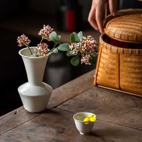 Ceramic Ikebana Vase in Traditional Oriental Style, Green and White Color