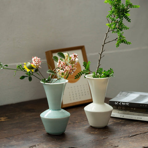 Ceramic Ikebana Vase in Traditional Oriental Style, Green and White Color