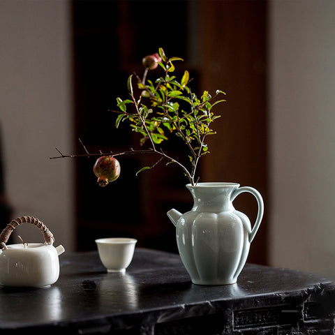 Shadow Celadon Porcelain Pitcher/ Flower Arrangement/Vase in Green and Beige - theTeaCloud