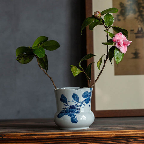 Hand painted Blue and White Vase Raw Ceramic, Ikebana Vase