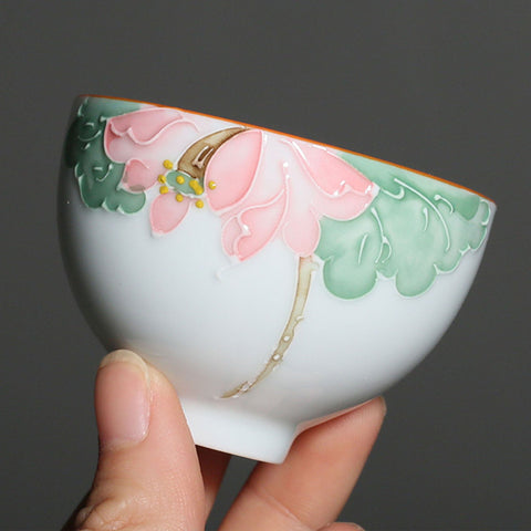 Handmade Flower Relief Carving Ceramic Teacup, Espresso Cup, Sake Cup Sets, Set of 6 with Gift Package - theTeaCloud
