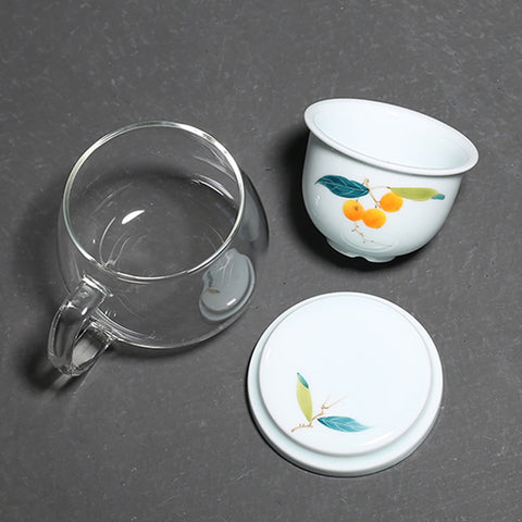 Hand Painted Personal Tea Cup with Lid and Tea Strainer in Lotus Graphic, Portable Teacup, 290ml capactity - theTeaCloud