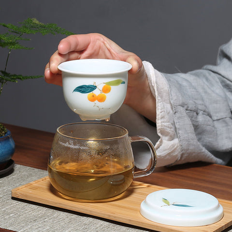 Hand Painted Personal Tea Cup with Lid and Tea Strainer in Lotus Graphic, Portable Teacup, 290ml capactity - theTeaCloud