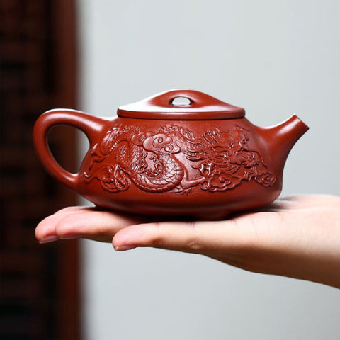 Handmade Yixing Zisha Clay Teapot, Carved Two Dragons Style