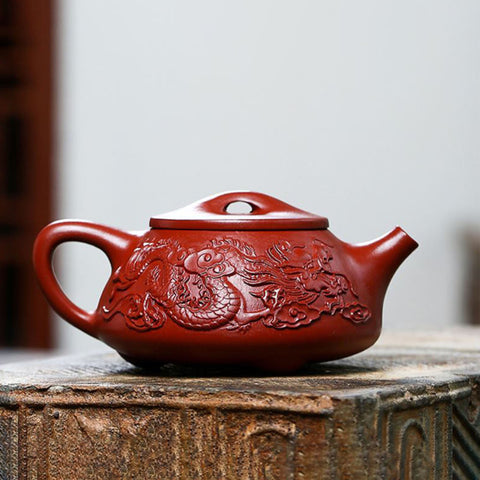 Handmade Yixing Zisha Clay Teapot, Carved Two Dragons Style - theTeaCloud