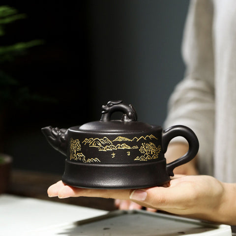 Handmade Yixing Zisha Teapot, Traditional Chinese Clay Teapot with Dragon Tail handle