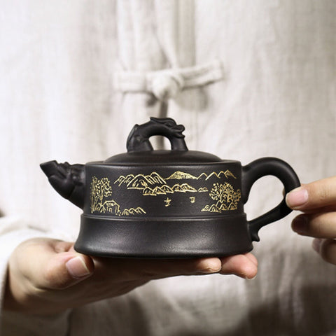 Handmade Yixing Zisha Teapot, Traditional Chinese Clay Teapot with Dragon Tail handle