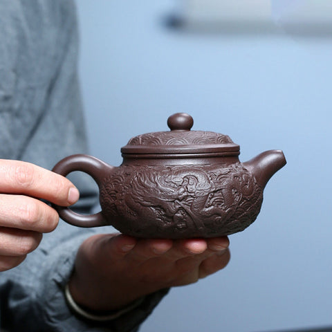 Handmade Yixing Zisha Clay Teapot, Relief Carving Dragon Graphic