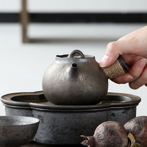 Handmade Iron-rust Glaze Ceramic Kyusu Teapot with Tea Tray, Japanese Tea Ceremony