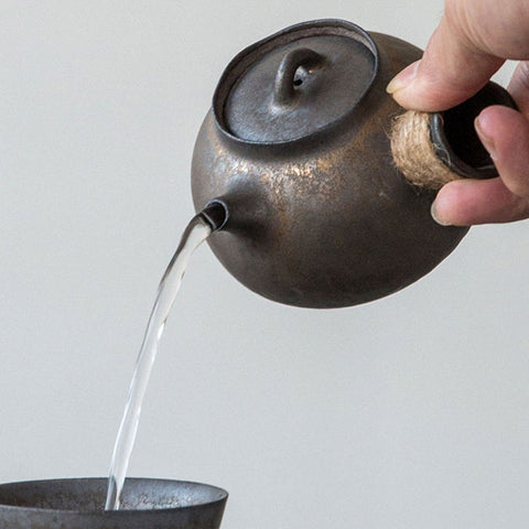 Handmade Iron-rust Glaze Ceramic Kyusu Teapot with Tea Tray, Japanese Tea Ceremony