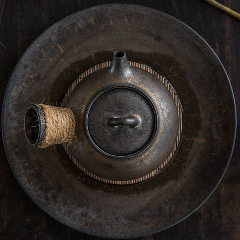 Handmade Iron-rust Glaze Ceramic Kyusu Teapot with Tea Tray, Japanese Tea Ceremony