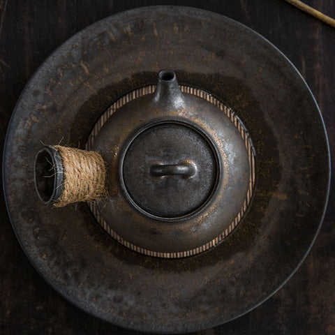 Handmade Iron-rust Glaze Ceramic Kyusu Teapot with Tea Tray, Japanese Tea Ceremony - theTeaCloud
