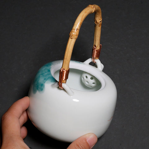 Hand Painted Teapot with Bamboo Handle in Lotus Graphic, Teaset - theTeaCloud