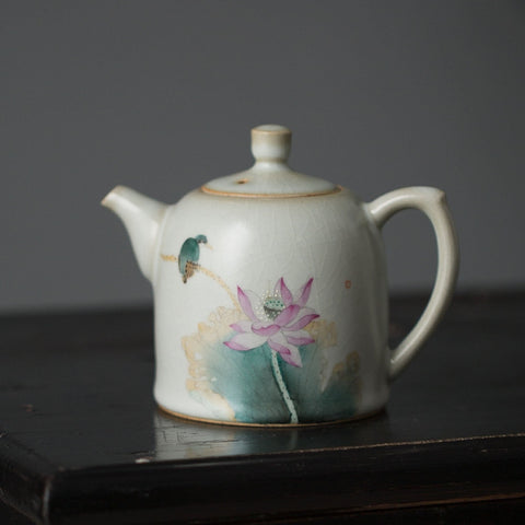 Hand Painted Lotus and Bird Chinese Teapot and Teacup