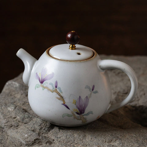 Hand Painted Purple Magnolia Ceramic Teapot, Oriental Hand-painted Porcelain Teapot