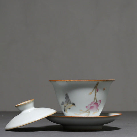 Hand Painted Ceramic Gaiwan Tea Set, “Magpie and Magnolia” - theTeaCloud