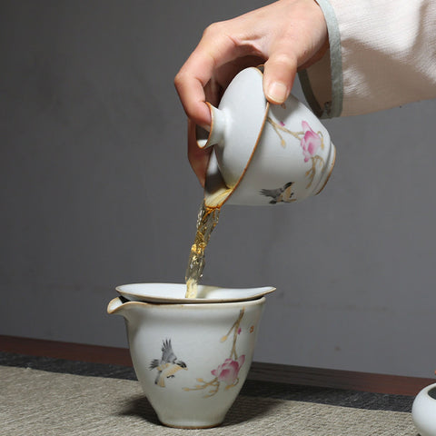 Hand Painted Ceramic Gaiwan Tea Set, “Magpie and Magnolia”