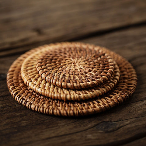 Handmade Woven Rattan Coaster, Set of 6 with holder