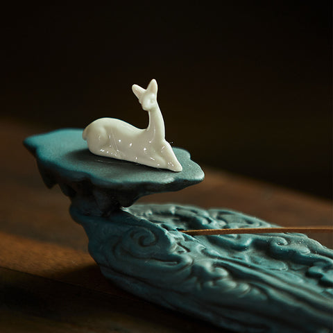 Hand Crafted Green Cloud with White Deer Ceramic Incense Holder - theTeaCloud